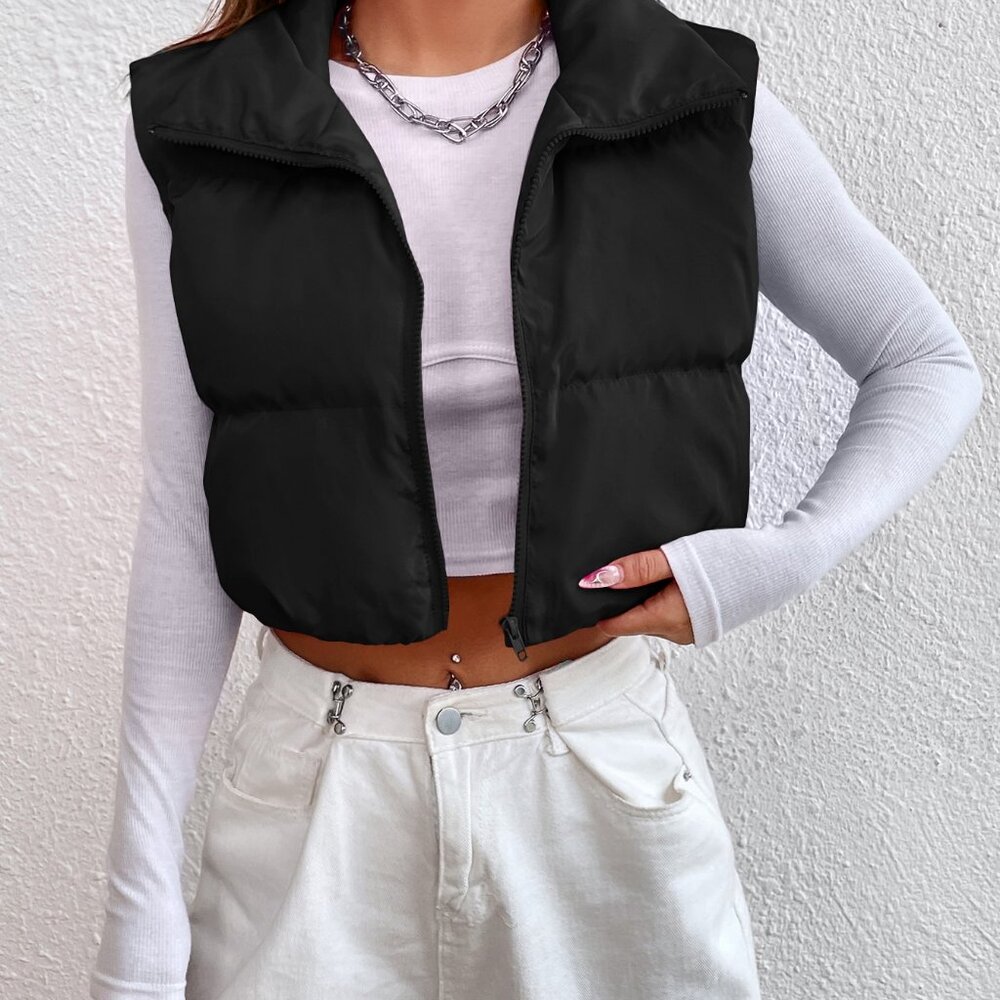 Black Casual Women's Zipper Front Vest Padded Coat - Picture 4 of 6